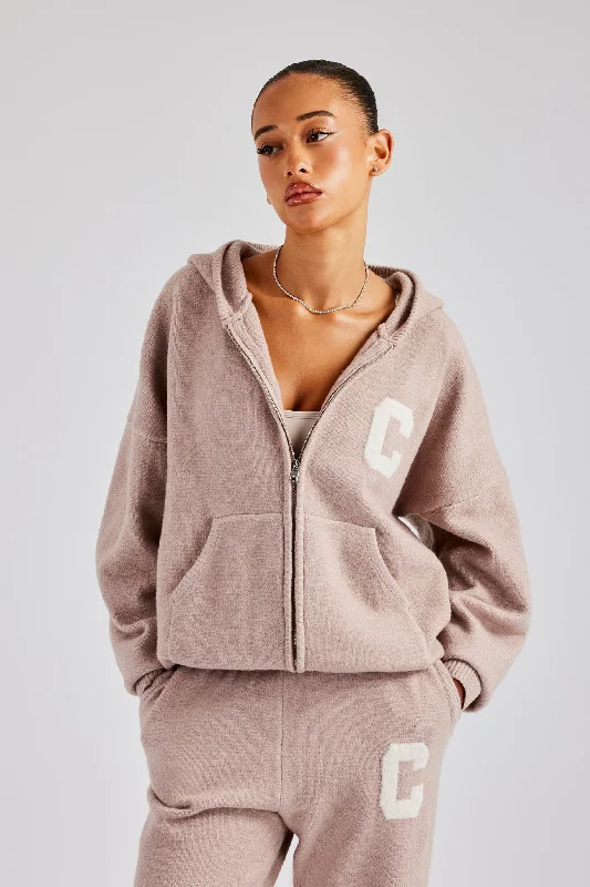 Hooded Zip Through Knitted Hoodie - Pink