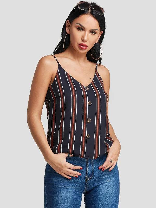 Custom V-Neck Stripe Spaghetti Strap Sleeveless Navy Camis