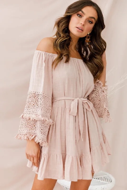 Mona Off-Shoulder Embellished Sleeve Dress Mocha