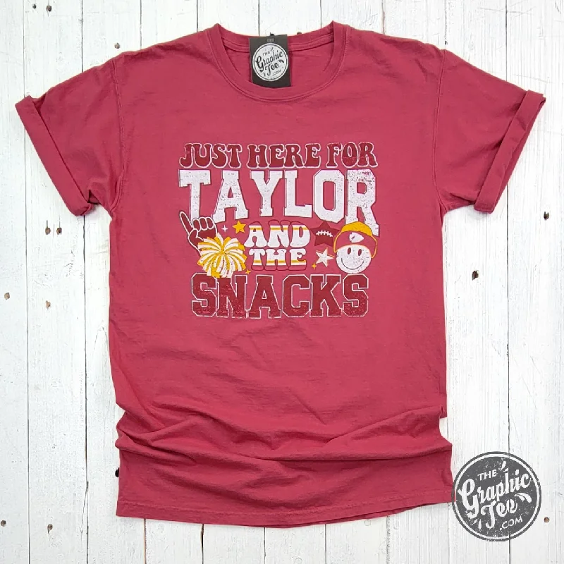 Just Here For Taylor and the Snacks Crimson Fall Comfort Wash Short Sleeve Tee