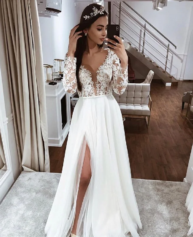 Sexy Plunging V Long Sleeves Wedding Dresses, Chiffon A-line Wedding Dress, BH91287