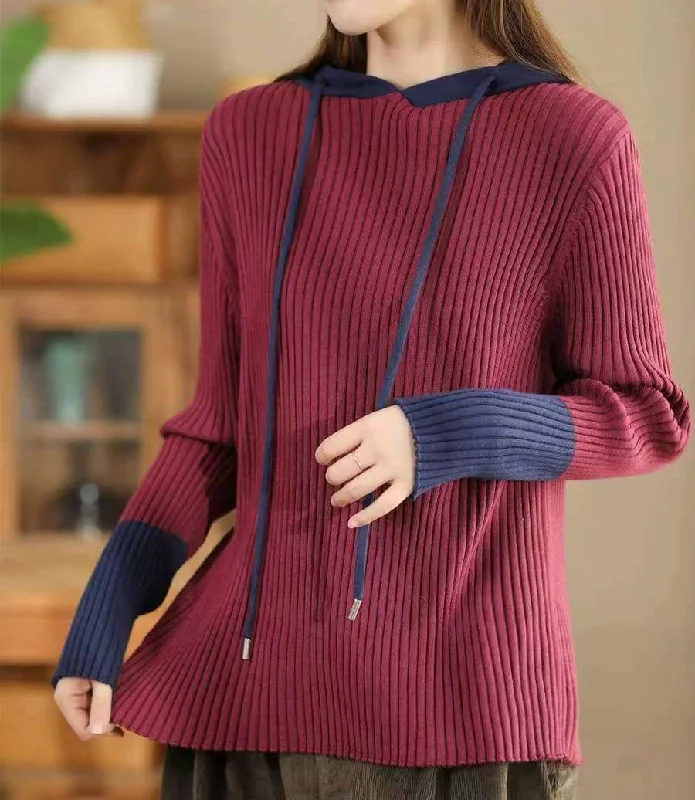 Women Trendy Color Block Ribbed Knit Hoodie Sweater