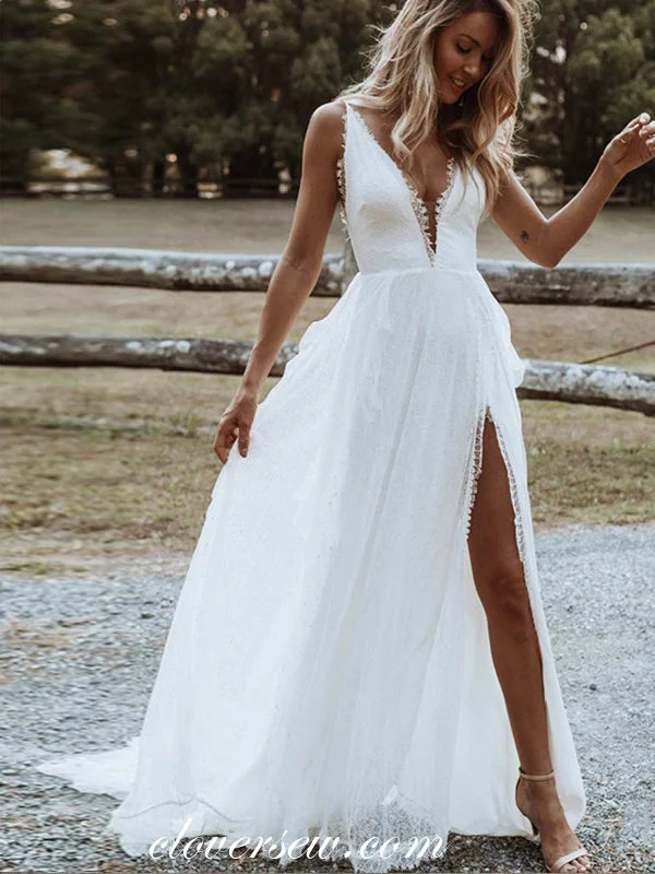 Off White Bohemian Lace Backless Deep V-neck With High Slit Wedding Dresses, CW0343