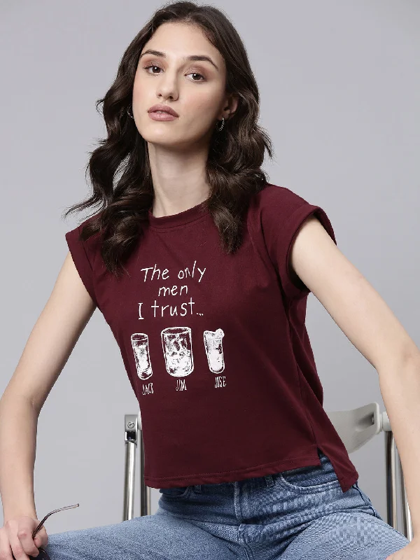 Women Maroon Typographic Slim Fit Tshirt