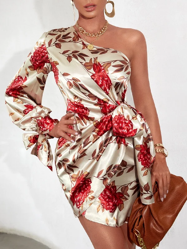 Floral Knot Long Sleeve One Shoulder Wrap Natural Short Dress