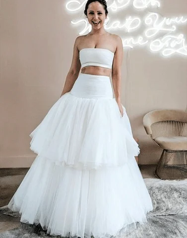 Two Piece Strapless Floor-Length White Tiered Wedding Dress,BH91031