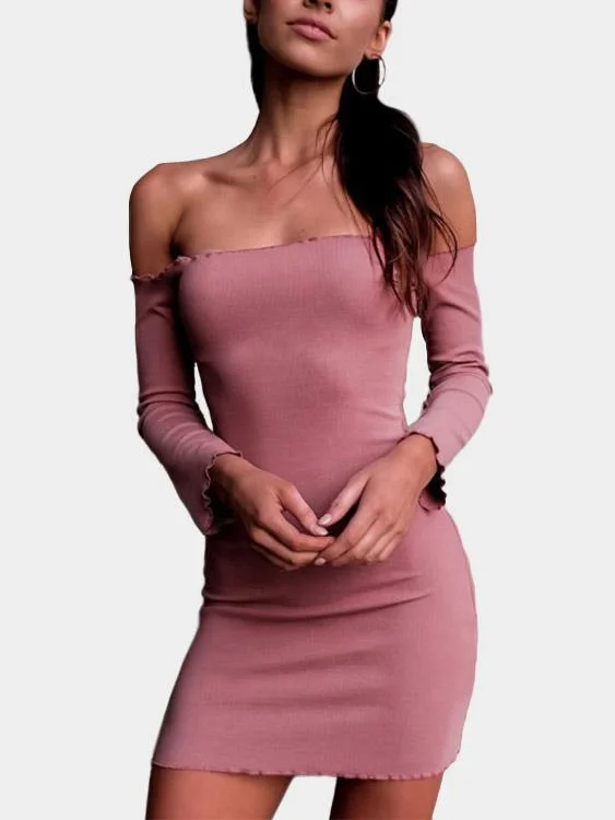 Wholesale Pink Off The Shoulder Long Sleeve Plain Flounced Hem Mini Dresses