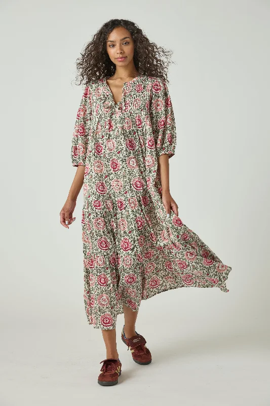 maxi dress tiered flower stem print - pink lisbon floral