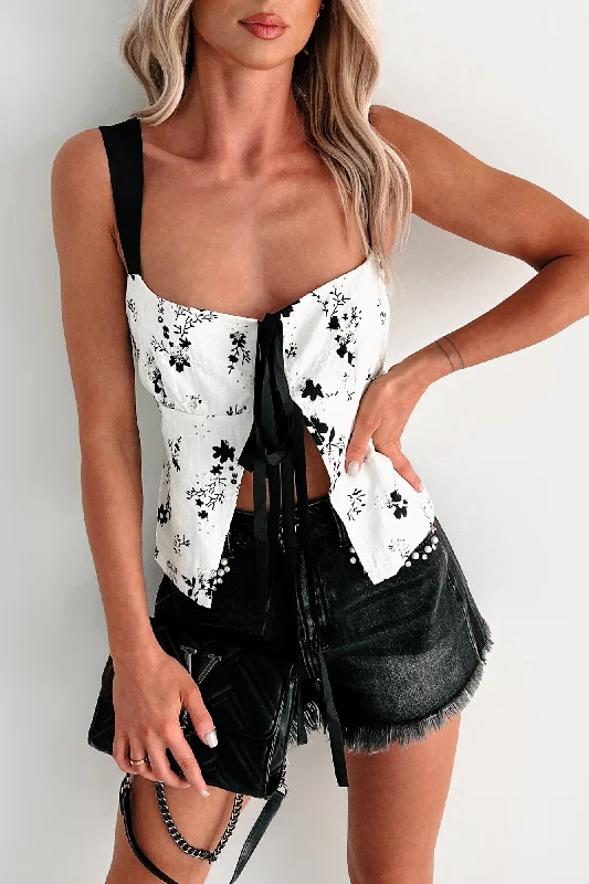 All The Buzz Eyelet Floral Bow Tie Top (Ivory/Black)