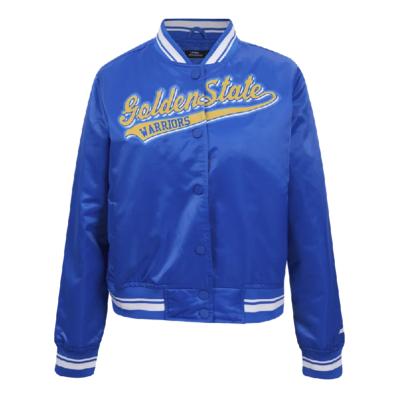 NBA GOLDEN STATE WARRIORS SCRIPT TAIL WOMEN'S SATIN JACKET (ROYAL BLUE)