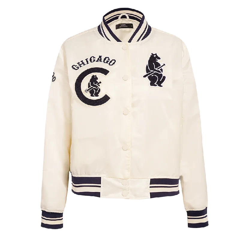 MLB CHICAGO CUBS RETRO CLASSIC WOMEN'S RIB SATIN JACKET (EGGSHELL/ MIDNIGHT NAVY)