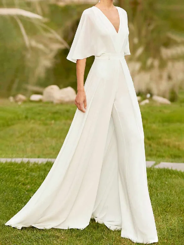 A Line Flutter Sleeve Wedding Dress Country V Neck 2024