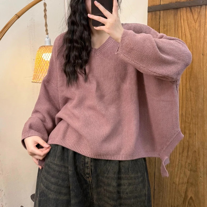 Women Spring Vintage Casual Cotton Knit Sweater with Batwing Sleeves