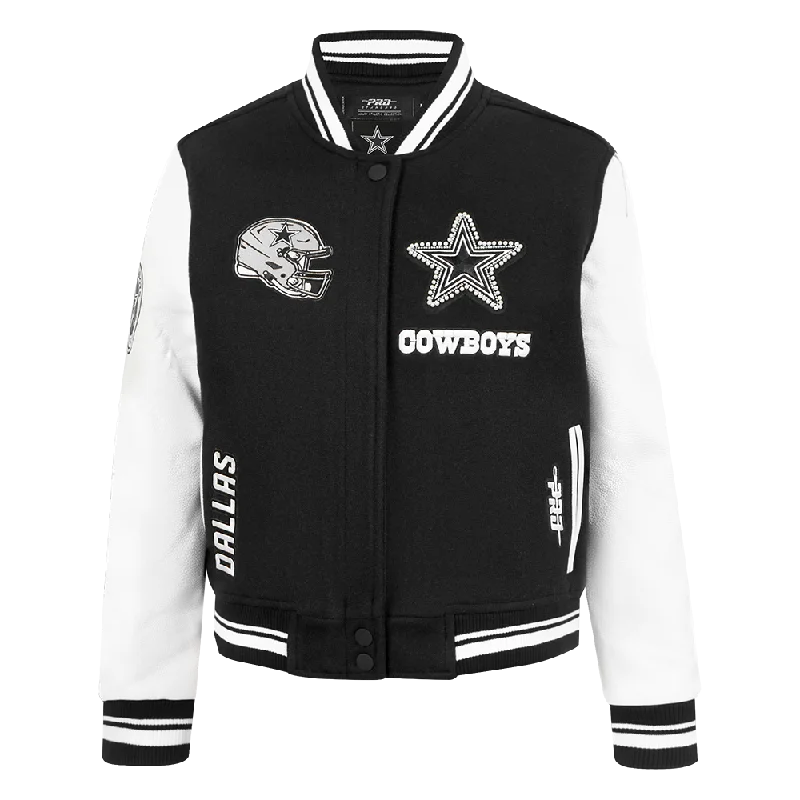 NFL DALLAS COWBOYS PEARLS WOMEN'S RIB WOOL VARSITY JACKET (BLACK/WHITE)