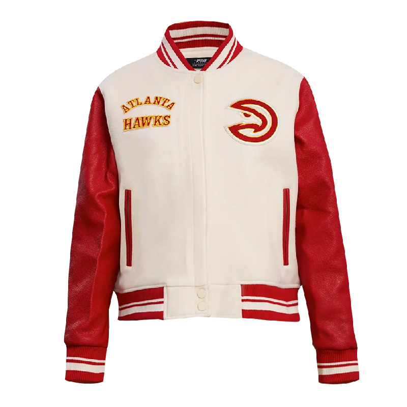 NBA ATLANTA HAWKS RETRO CLASSIC WOMEN'S RIB WOOL VARSITY JACKET (EGGSHELL/ RED)