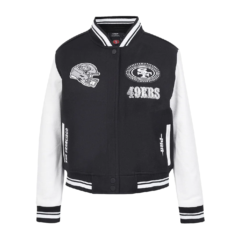 NFL SAN FRANCISCO 49ERS PEARLS WOMEN'S RIB WOOL VARSITY JACKET (BLACK/WHITE)