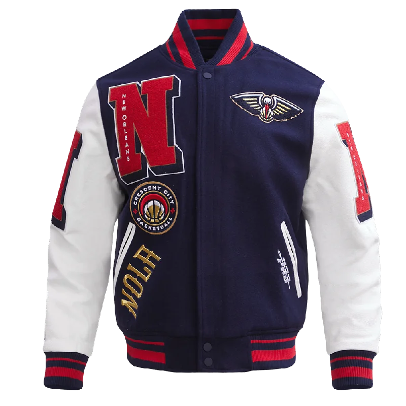 NBA NEW ORLEANS PELICANS MASHUP MEN'S RIB WOOL VARSITY JACKET (MIDNIGHT NAVY/RED/MIDNIGHT NAVY)