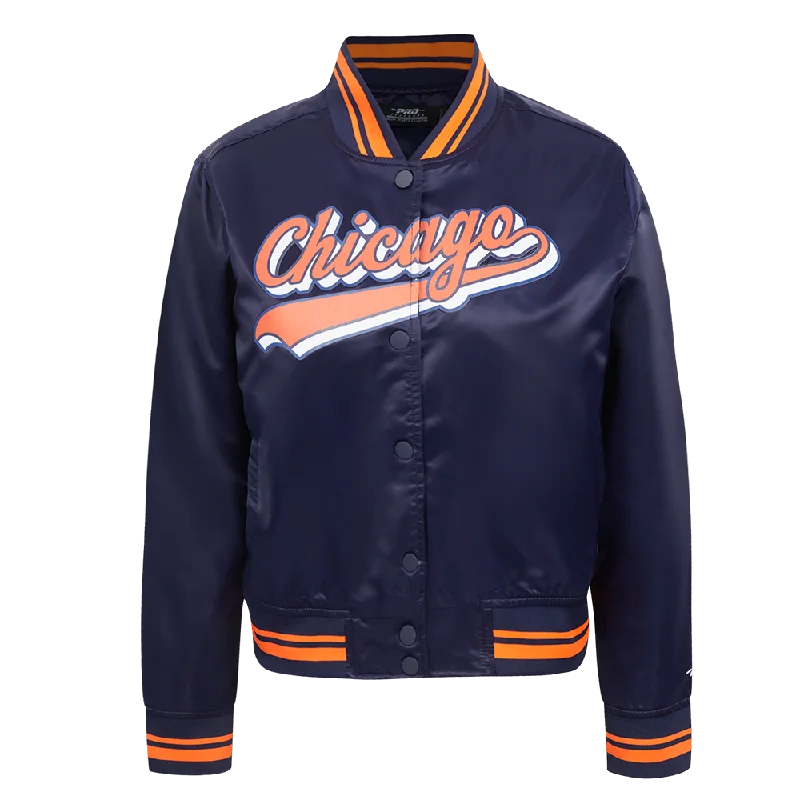 NFL CHICAGO BEARS SCRIPT TAIL WOMEN'S SATIN JACKET (MIDNIGHT NAVY/ORANGE/MIDNIGHT NAVY)