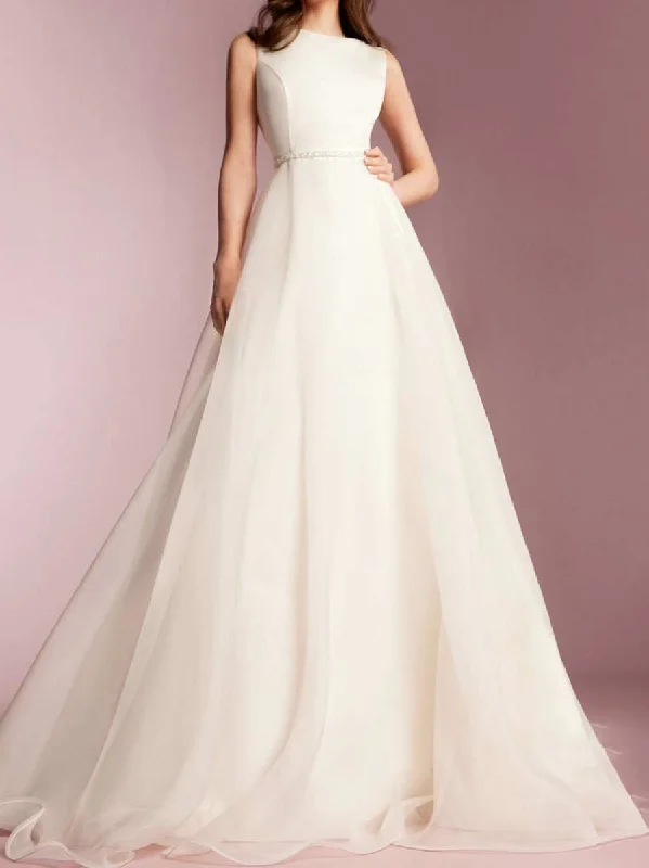 A Line Sleeveless Simple Boat Neck Wedding Dress