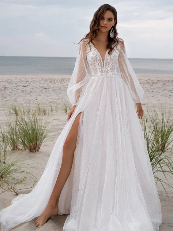 Boho Wedding Dress With Puff Sleeves Beach V-neck Tulle