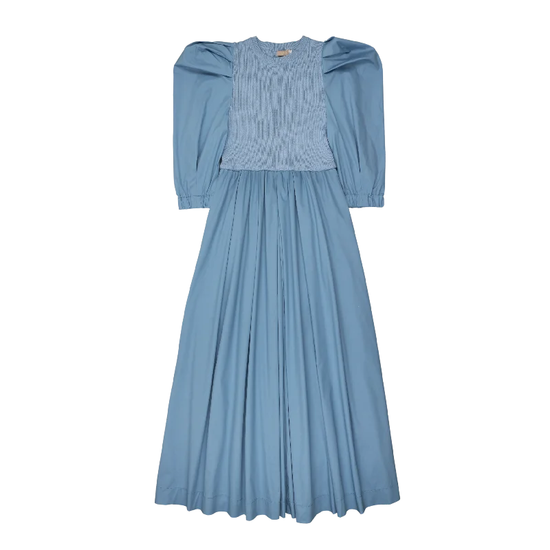 maxi dress ribbed knit top with puff cotton sleeves - summer blue