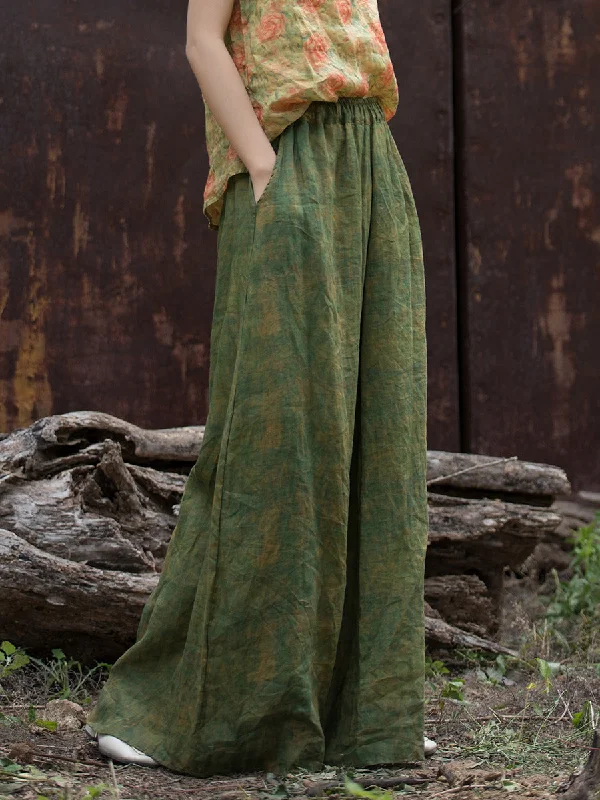 Women Vintage Green Oversized Flowing Wide- Leg Ramie Pants