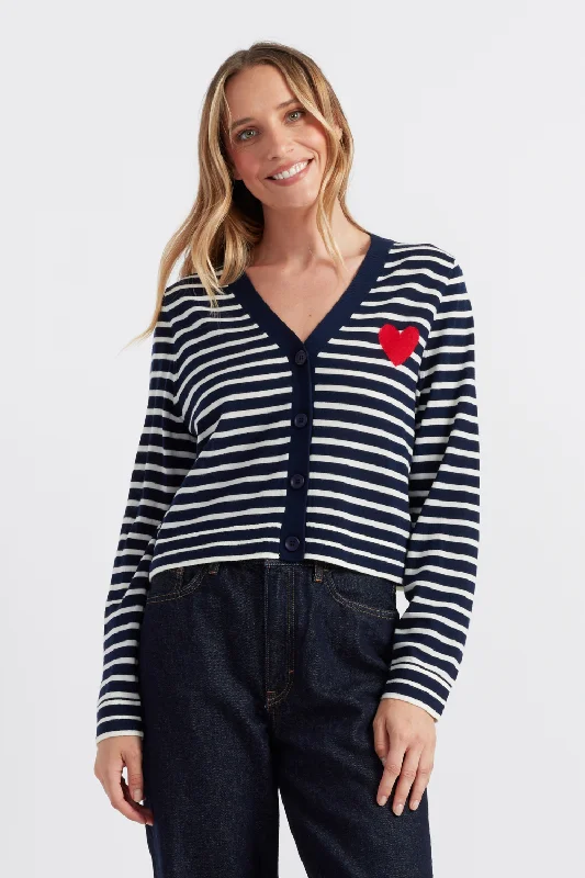 Navy-Cream Merino Heart Breton Cardigan