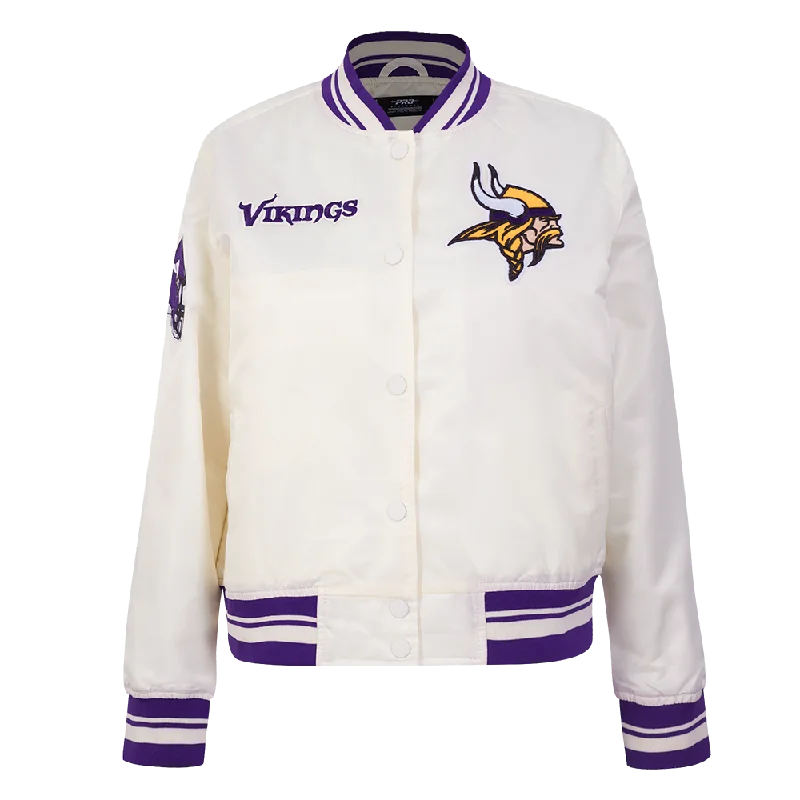 NFL MINNESOTA VIKINGS RETRO CLASSIC WOMEN'S RIB SATIN JACKET (EGGSHELL/ PURPLE)