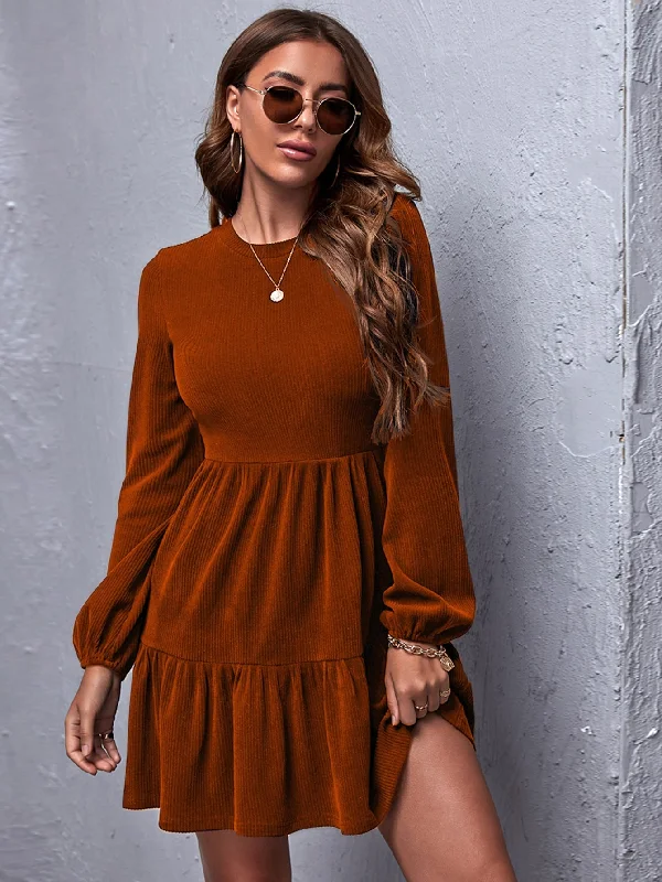 Plain Rib-Knit Long Sleeve Round Neck Flounce High Waist Short Womens Dress