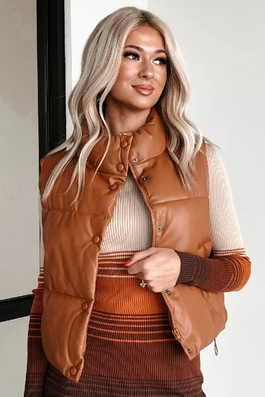 Hit The City Faux Leather Puffer Vest (Dark Camel)