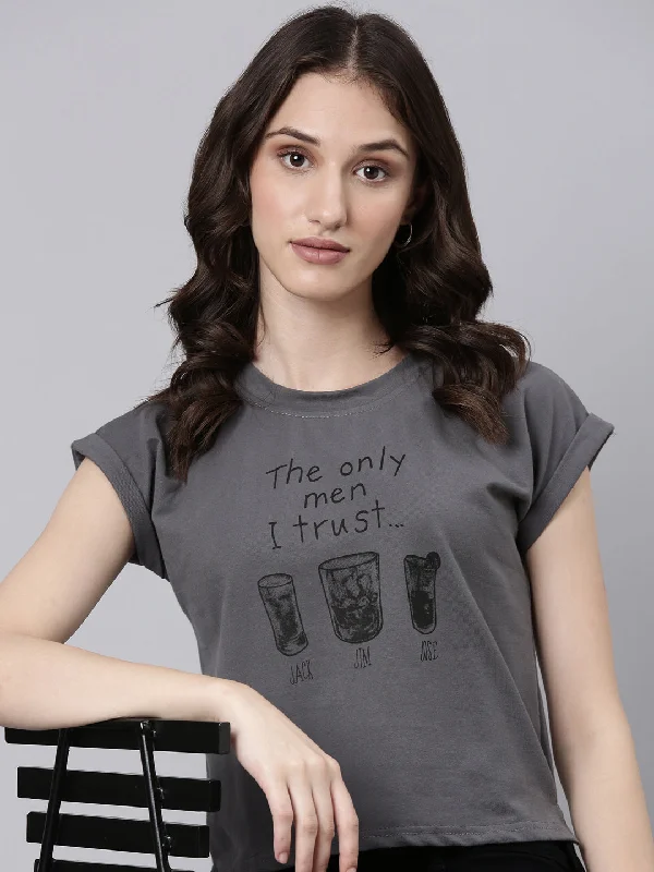 Women Grey Typographic Slim Fit Tshirt