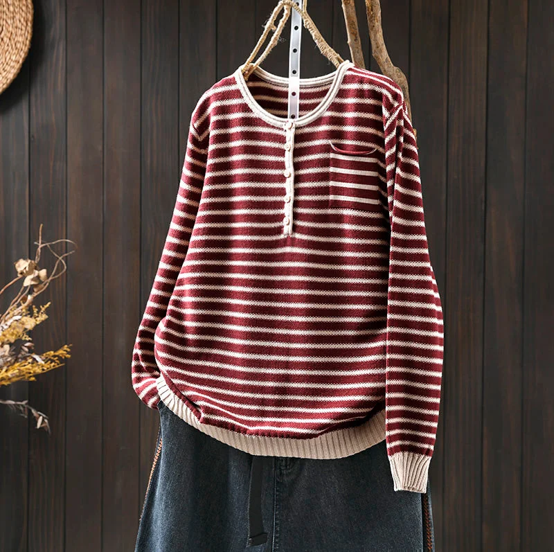 Women Spring Retro Striped Colorblock Knit Cotton Sweater