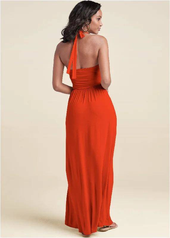 High Neck Maxi Dress - Tangerine Tango