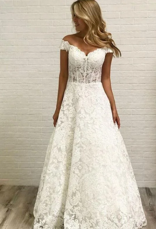 Cap Sleeve Lace A Line Formal Cheap Long Bridal Wedding Dresses, BH91228