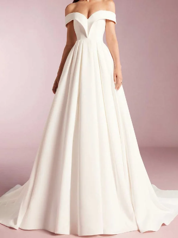 Off The Shoulder A line Wedding Dress Satin V-Neck