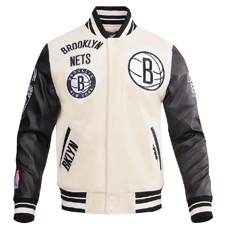 NBA BROOKLYN NETS RETRO CLASSIC MEN'S RIB WOOL VARSITY JACKET (EGGSHELL/ BLACK)