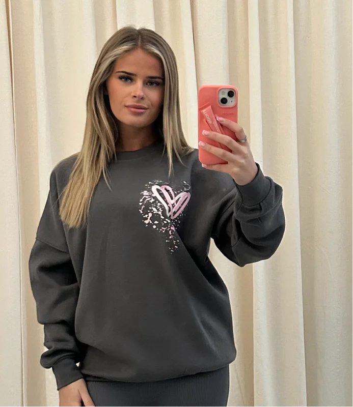 Pink Heart Graffiti Sweatshirt Charcoal Grey