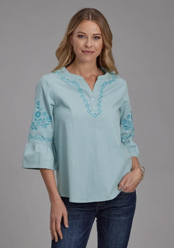 Roper Womens Floral Bell Sleeve Blue 100% Cotton S/S Blouse