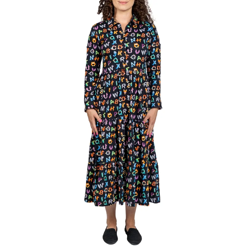 Animal Alphabet Long Sleeve Button-Up Tiered Midi Dress [FINAL SALE]