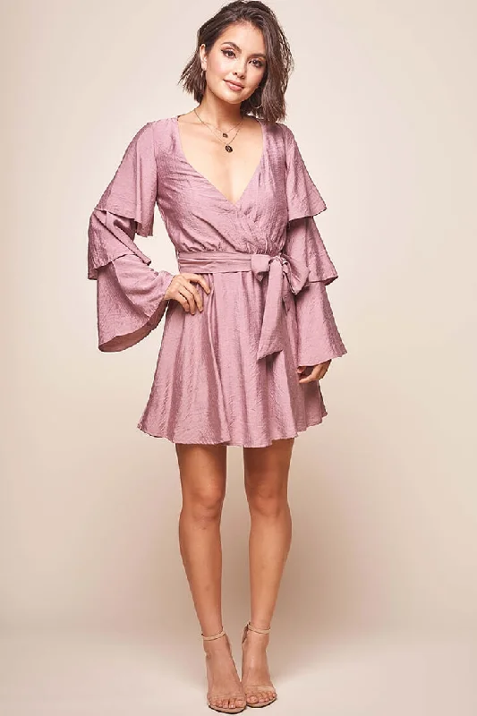 Bellini Tiered Ruffle Sleeve Dress Mauve